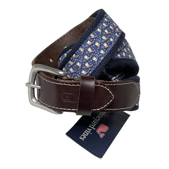 Vineyard Vines Belt NWT Mens 30 Brown Leather Blue Graphic Shotski Canvas Club - Picture 1 of 9